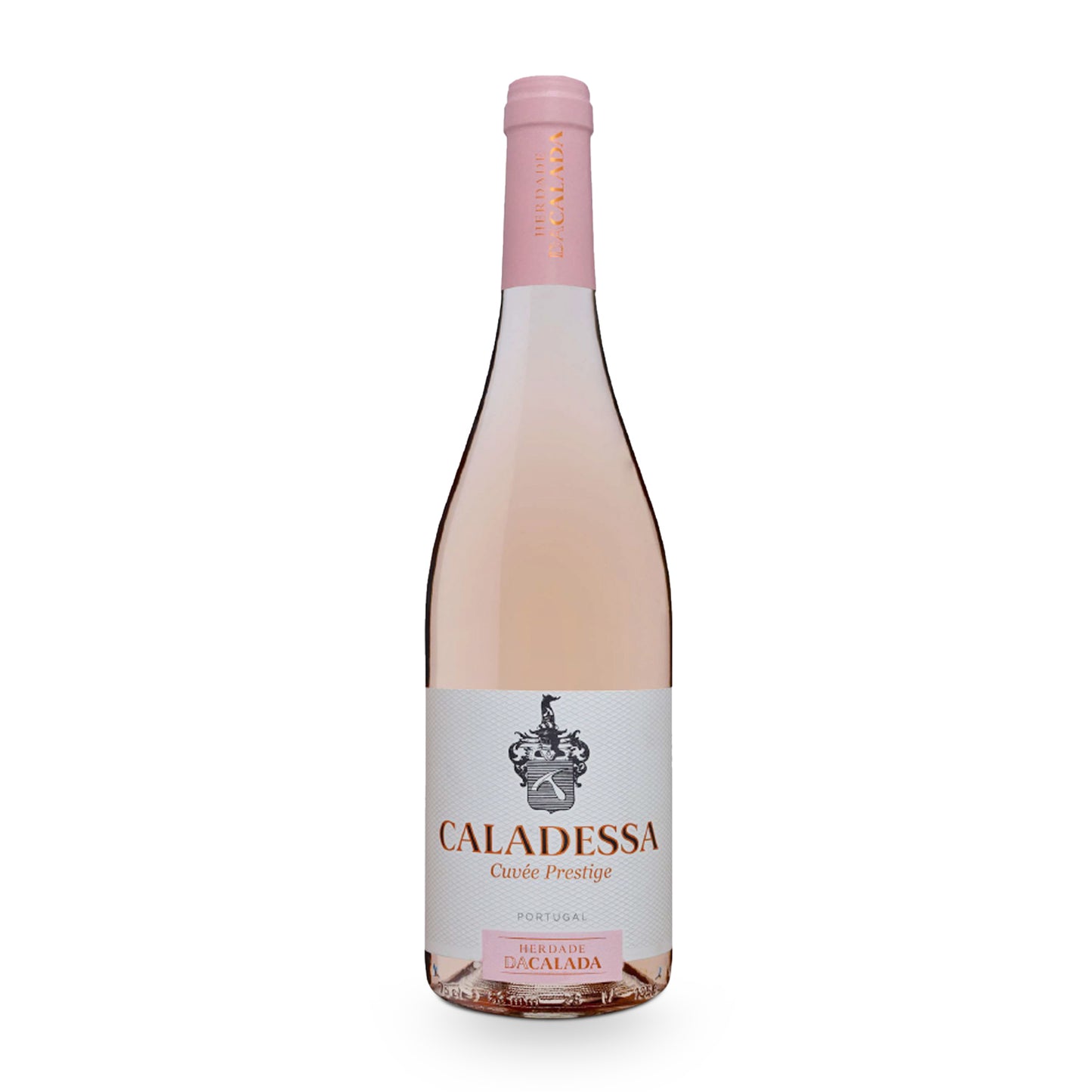 A bottle of Caladessa 2023 Curvée Prestige Rosé Wine from Alentejo, featuring a pink cap and a white label with a decorative emblem and text in gold and red. Produced by Herdade da Calada, this Vintage 2023 has a Vivino rating of 4.3.
