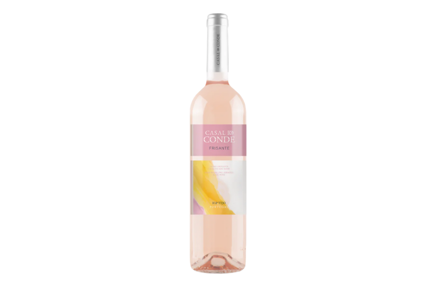 The Casal do Conde Frisante Rosé Sparkling Vinho bottle displays a light pink hue with a silver cap, and its label combines pink and white shades, highlighted by a splash of yellow.