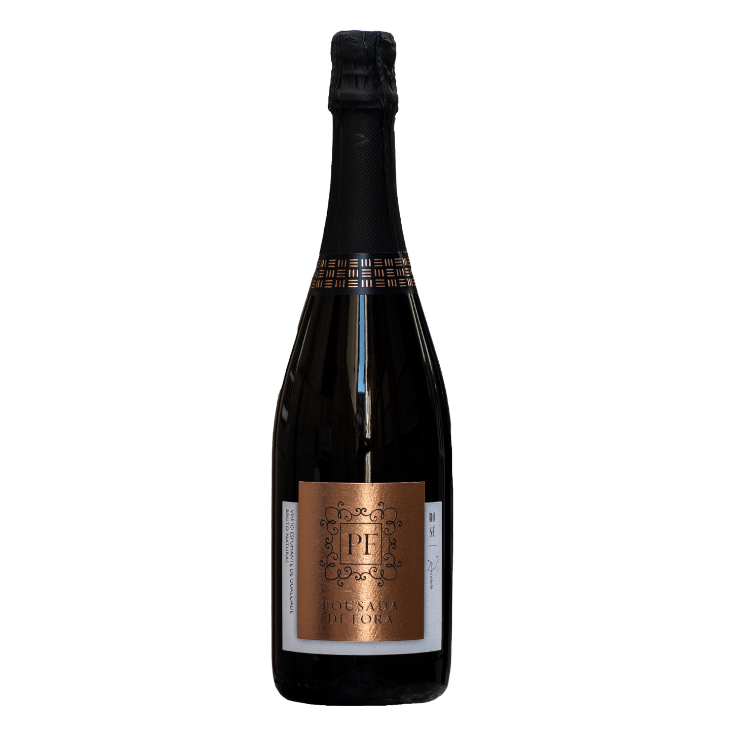 A tall bottle of Quinta Pousada de Fora 2021 Espumante Bruto Natural Rosé, featuring a black foil and a bronze label adorned with ornate designs, stands elegantly against a plain white background, emphasizing its refined charm.