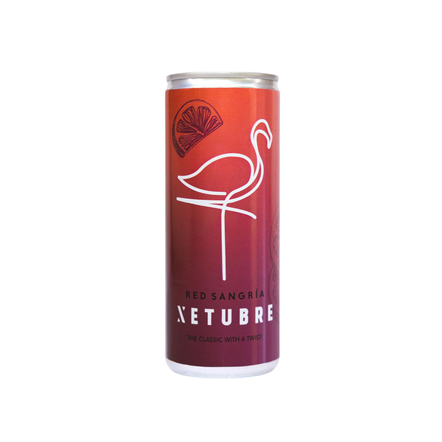 A 250ml can of Xetubre Sangria Red displayed against a white background features a minimalist flamingo design and a slice of citrus fruit. Infused with Tempranillo, the can is labeled as "Red Sangria: The classic with a twist.