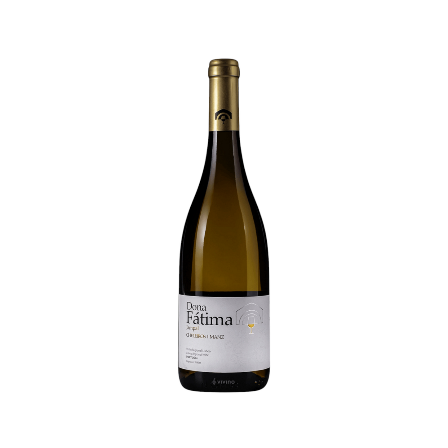 A bottle of Manz 2022 Dona Fátima Jampal from Manz Wines, made from Jampal grapes and aged in French oak barrels, showcases a minimalist white label adorned with black text and a small emblem. The golden foil over the cork contrasts beautifully with the plain white background, capturing the elegance of Lisboa's vineyards.