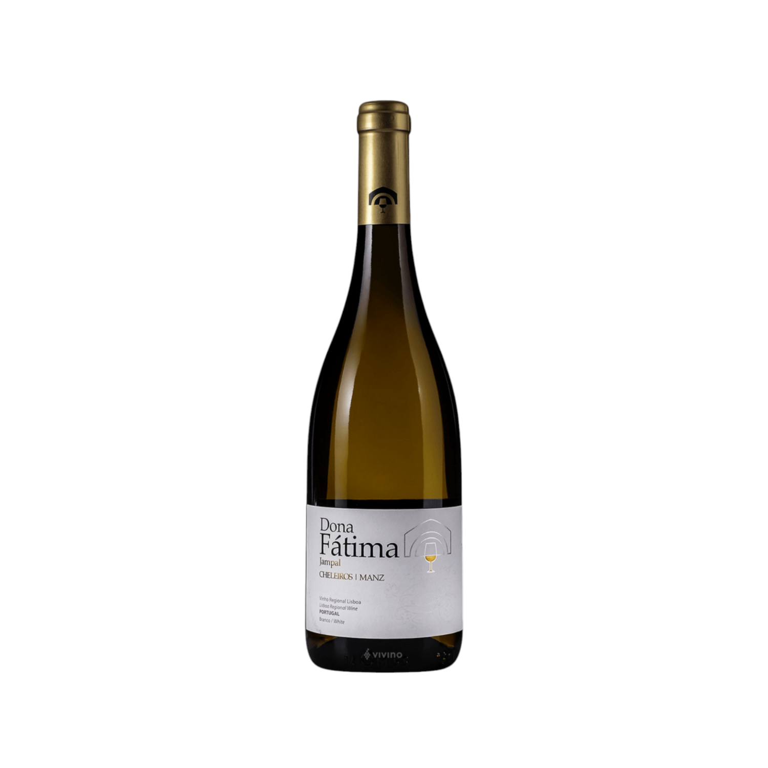 A bottle of Manz 2022 Dona Fátima Jampal from Manz Wines, made from Jampal grapes and aged in French oak barrels, showcases a minimalist white label adorned with black text and a small emblem. The golden foil over the cork contrasts beautifully with the plain white background, capturing the elegance of Lisboa's vineyards.