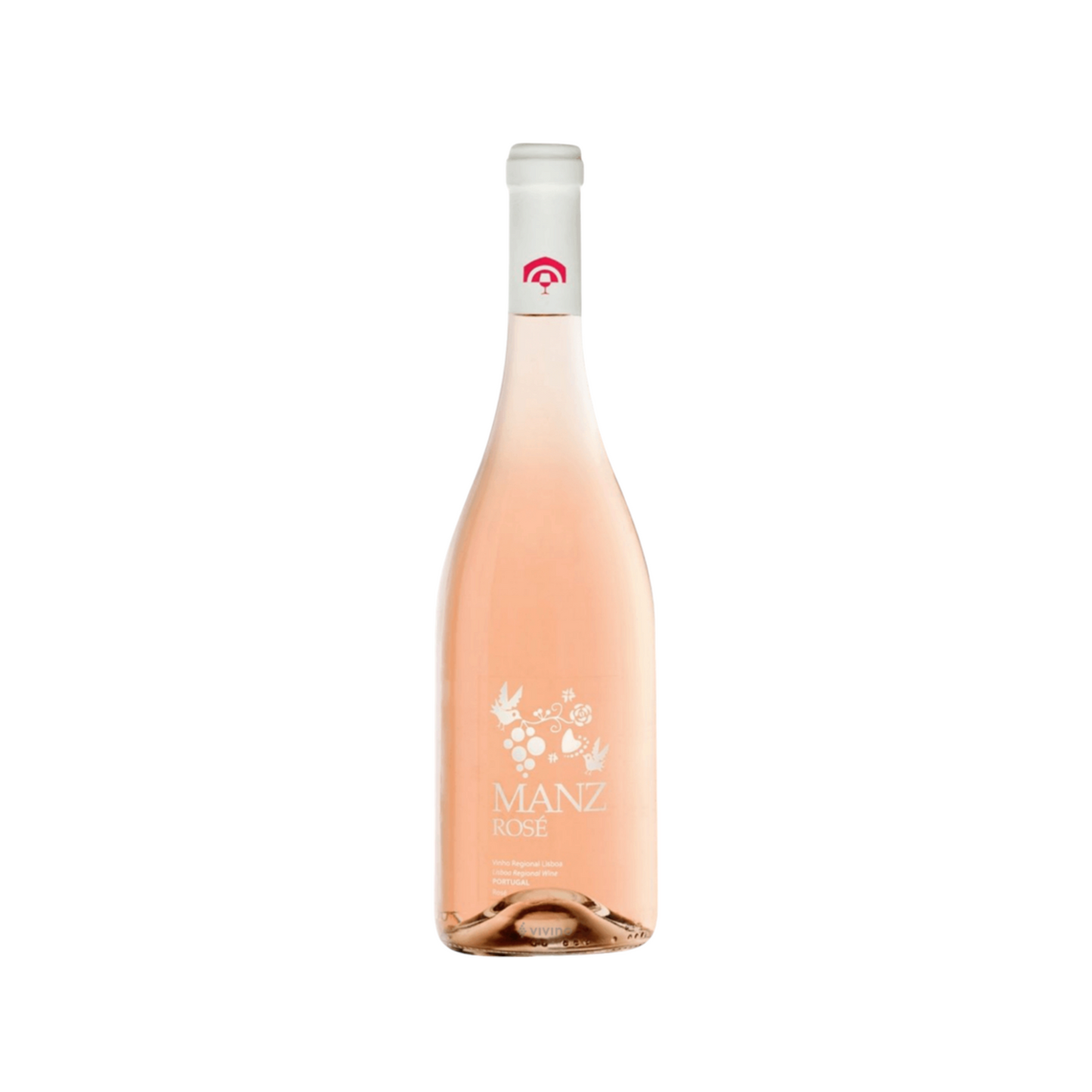A bottle of Manz Wines' 2023 Rosé, originating from the Lisboa Region, boasts a soft pink shade. Its label displays intricate floral and bird motifs, complemented by a white cap. Made with Castelão grapes, the bottle is set against a simple white backdrop.