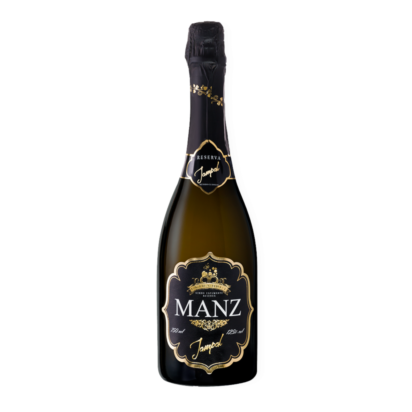 A bottle of Manz 2018 Espumante Extra Brut Reserva by Manz Wines, crafted using the classic method, features a black and gold label with decorative elements and highlights its unique Jampal grape origins from Lisboa with the text Reserva Jampal.