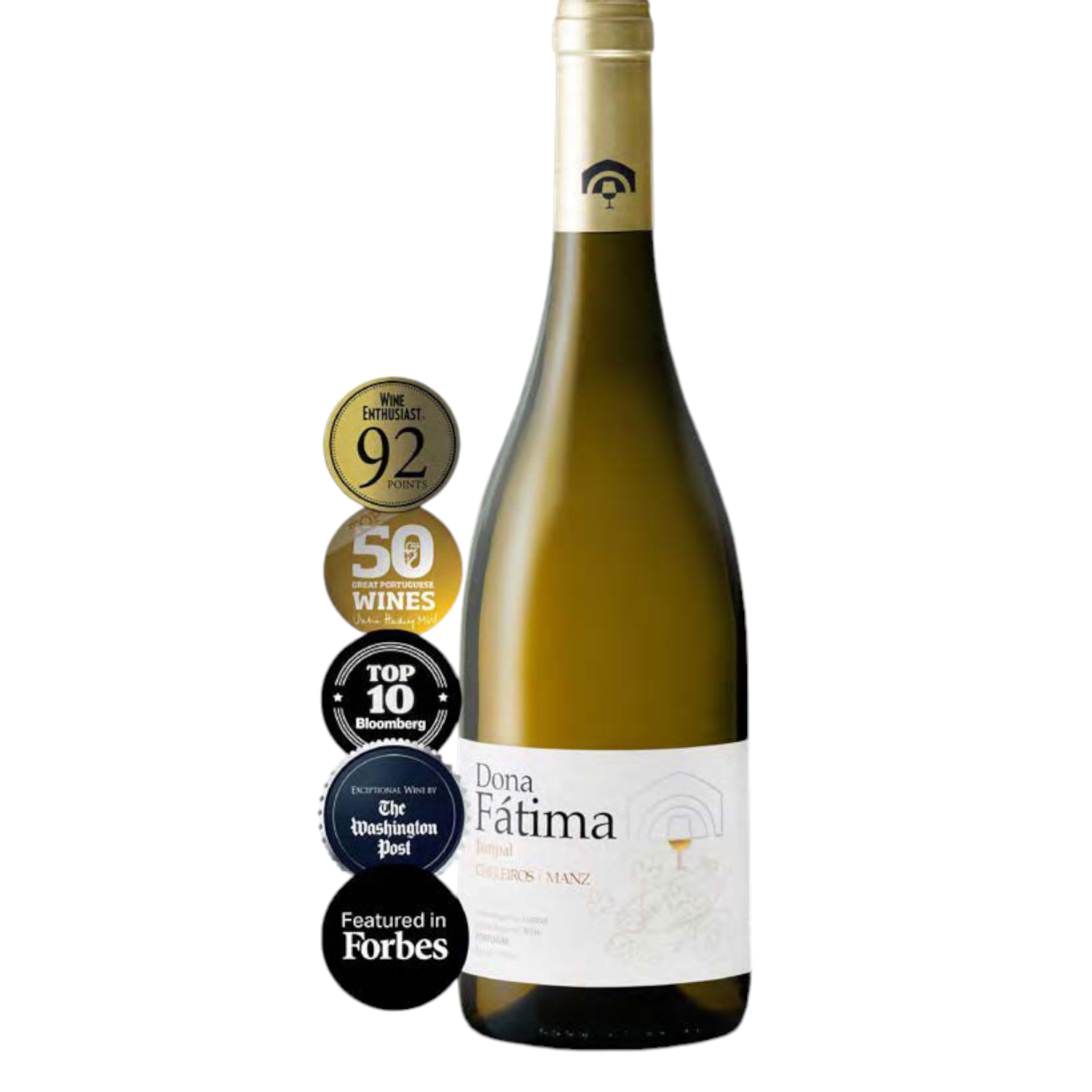 A bottle of Manz 2022 Dona Fátima Jampal white wine by Manz Wines is crafted from Jampal grapes and aged in French oak barrels. This Lisboa favorite, with its light-colored label capped with gold foil, proudly showcases awards such as a 92 rating from Wine Enthusiast, inclusion in the 50 Great Wines list, a spot in the Top 10 by The Washington Post, and recognition from Forbes.