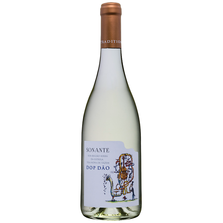 A clear glass bottle of Casa Américo 2023 Sonante DOP Dão Branco white wine with a copper-toned foil. The label shows a whimsical machine with musical elements and a bird, inspired by the Serra da Estrela region. Brand: Casa Américo.