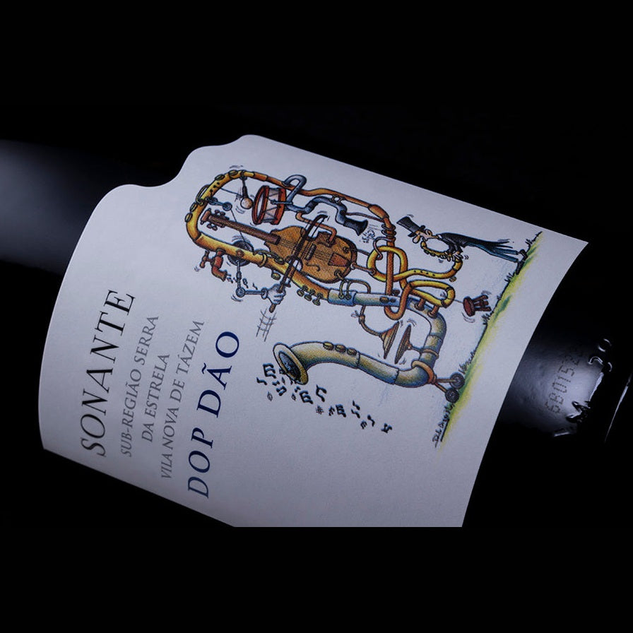 The Casa Américo 2023 Sonante DOP Dão Tinto bottle features a whimsical, musical machine illustration with pipes and notes. Its label displays black and blue text on a white background.