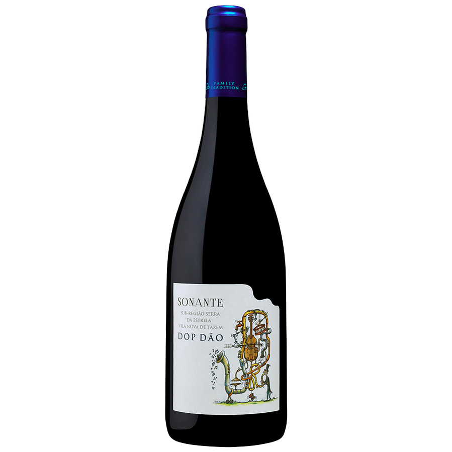 A dark glass bottle with blue foil capsule holds Casa Américo 2023 Sonante DOP Dão Tinto. The label features a whimsical musical instrument, while the red wine offers notes of black cherries and a playful musical charm.