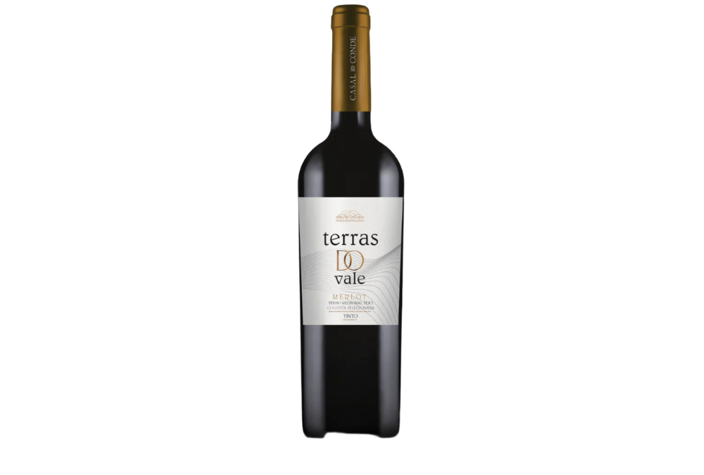 A Casal do Conde 2021 Terros do Vale Merlot Tinto Vinho with a modern, minimalist design features elegant text and decorative lines on the label. The bottle, topped with a foil-wrapped cork, hints at aging in French oak barrels.