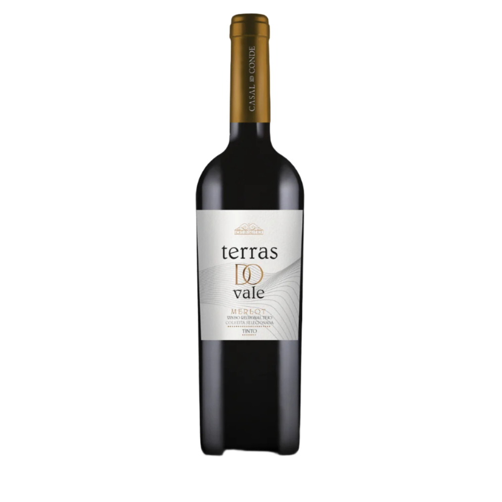A Casal do Conde 2021 Terros do Vale Merlot Tinto Vinho with a modern, minimalist design features elegant text and decorative lines on the label. The bottle, topped with a foil-wrapped cork, hints at aging in French oak barrels.