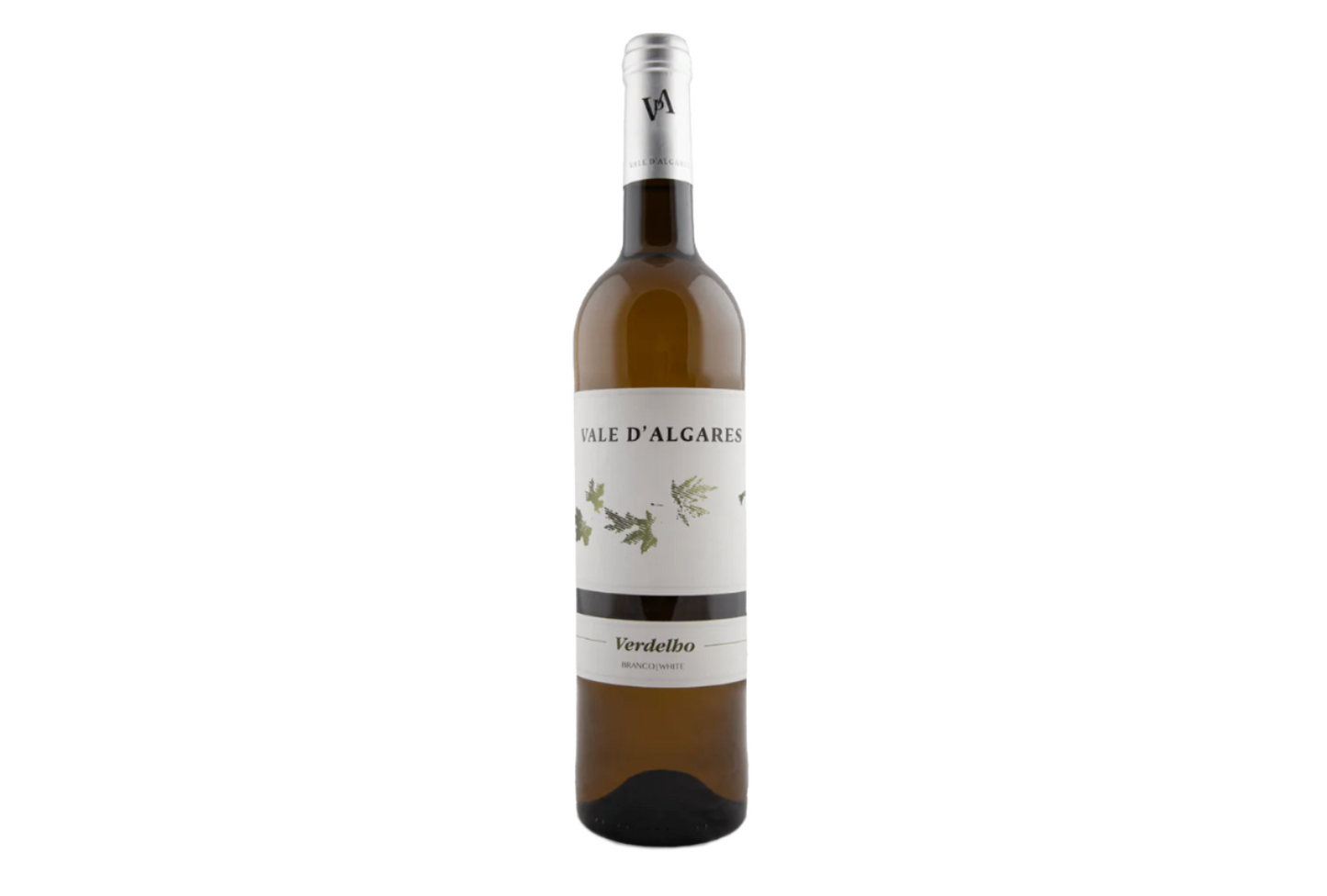 A bottle of Casal do Conde 2023 Vale d’Algares Verdelho Branco Vinho, featuring a silver cap and a white label decorated with green vine leaves.