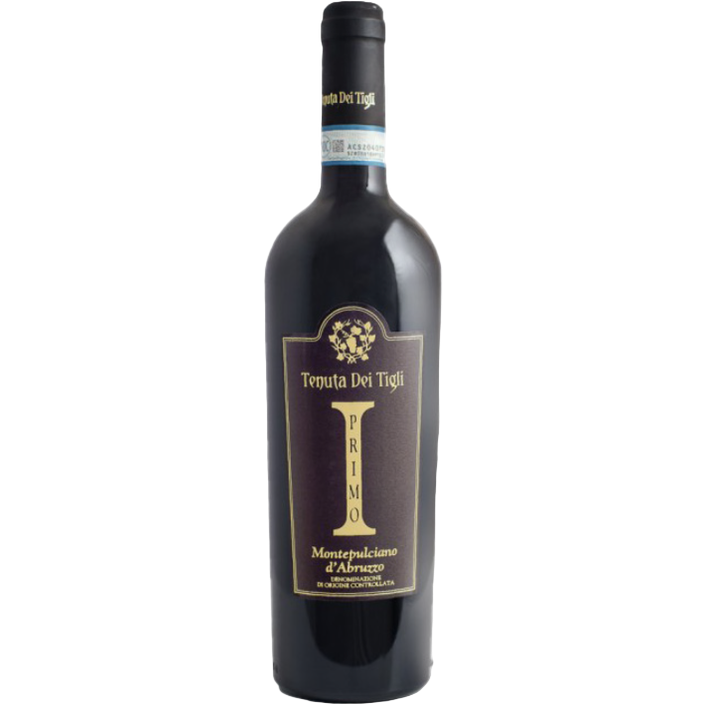 A bottle of Tenuta dei Tigli 2023 Primo Montepulciano d’Abruzzo DOC red wine with a dark label, gold and cream text, and decorative accents.
