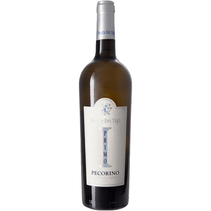 A bottle of Tenuta dei Tigli 2024 Primo Pecorino white wine, featuring a light-colored label with “Primo” and “Pecorino,” a small crest, and blue branding on the neck. Abruzzesi IGP.