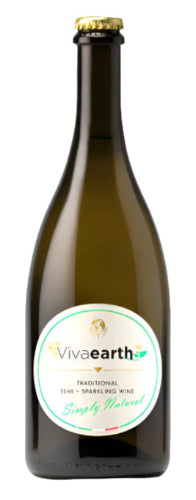 A dark green glass bottle with a gold cap, labeled “Viva Earth Traditional Natural Semi-Sparkling Wine.” This white wine from Viva Earth has a white label with green and gold accents and is shown against a white background.