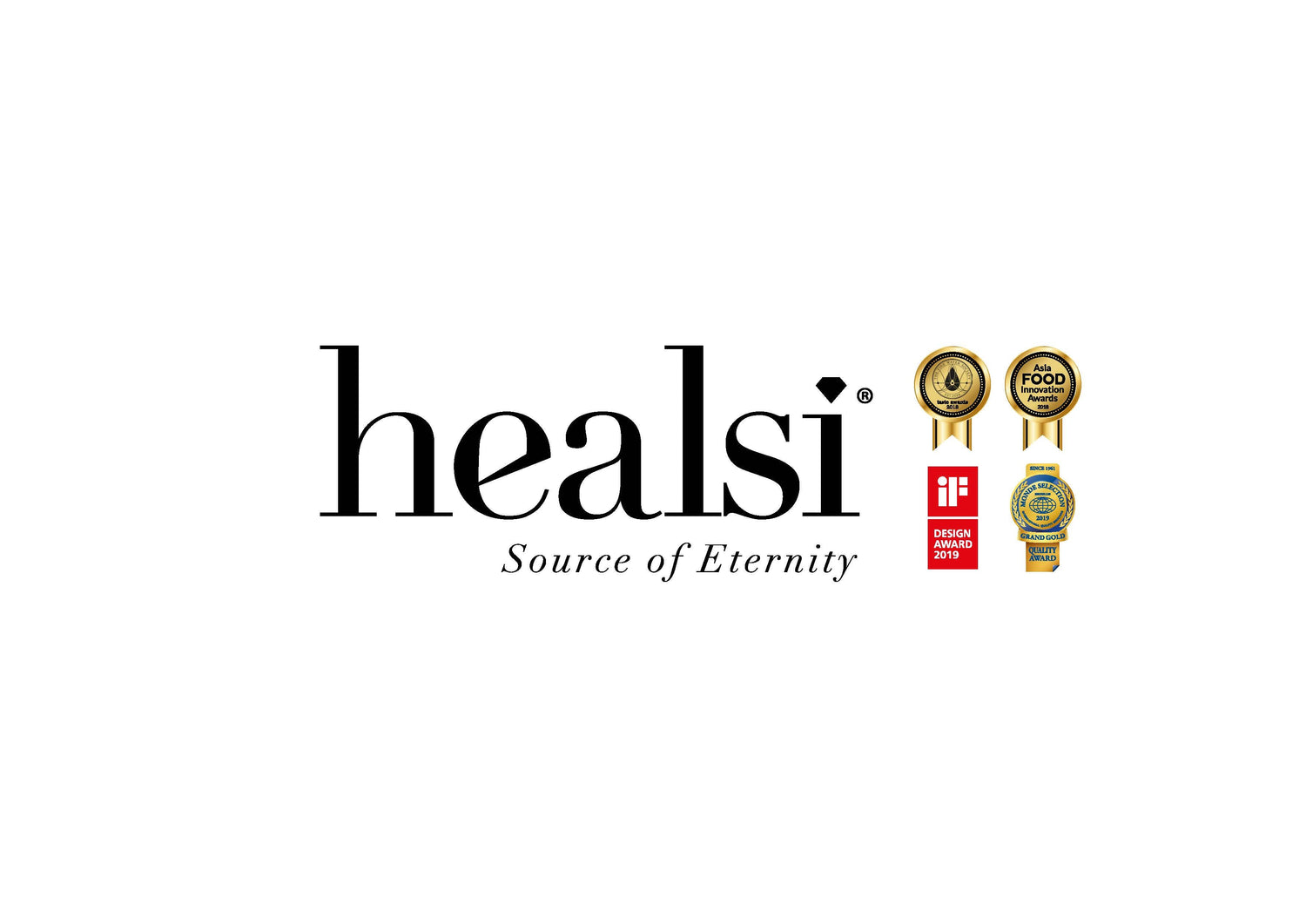 The Healsi logo with the tagline Source of Eternity is shown next to four awards, including gold medallions and a red iF Design Award 2019 badge, on a white background.