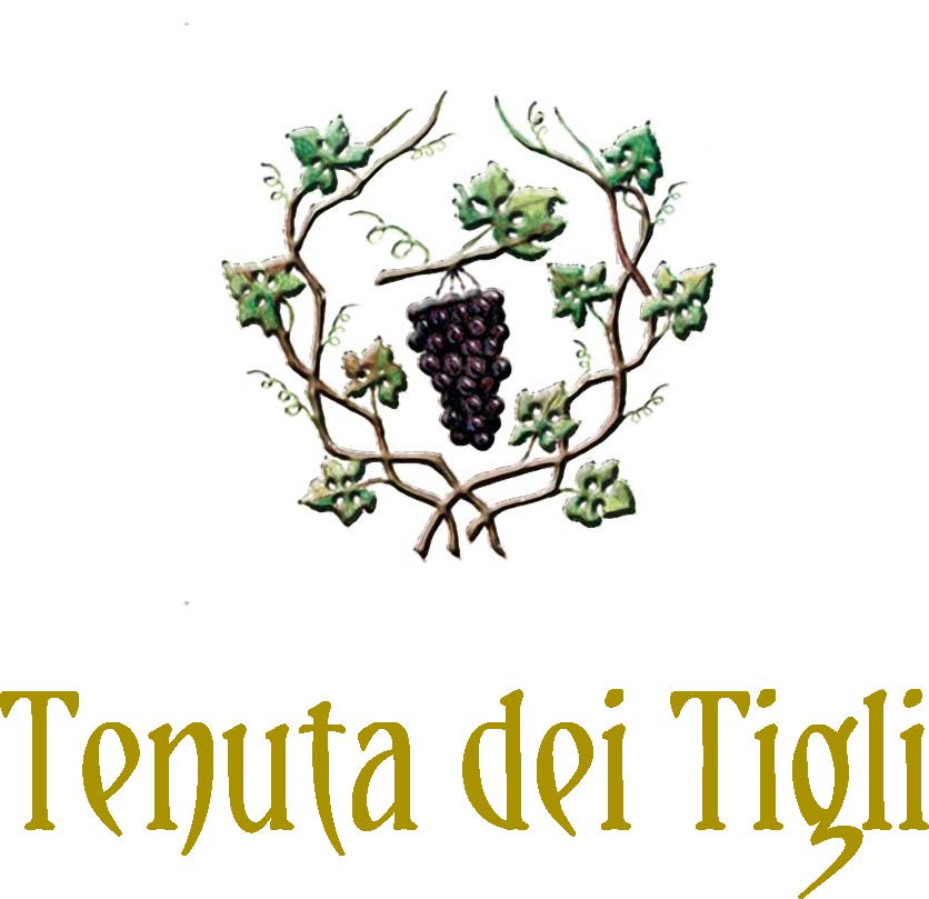 A circular vine with grape leaves and a cluster of purple grapes in the center above the gold text Tenuta dei Tigli on a white background.