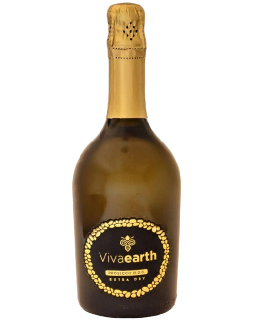A bottle of Viva Earth Prosecco DOC Extra Dry, a vegan sparkling wine with a gold foil-wrapped neck and black label accented by a gold grapevine design and text.