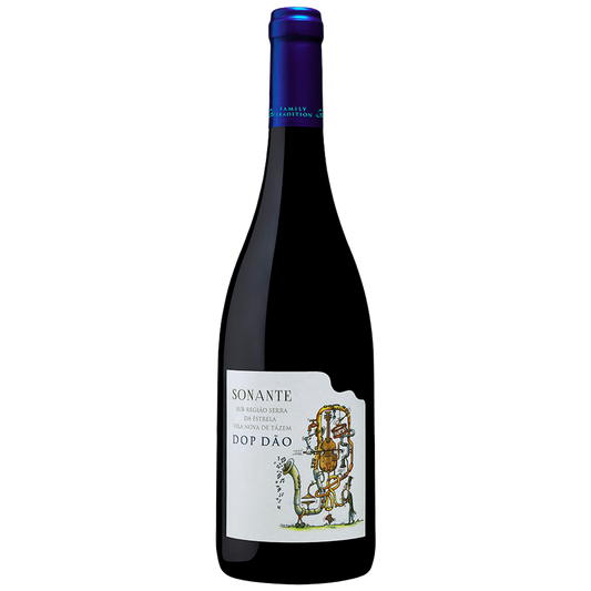 A dark glass bottle with blue foil capsule holds Casa Américo 2023 Sonante DOP Dão Tinto. The label features a whimsical musical instrument, while the red wine offers notes of black cherries and a playful musical charm.