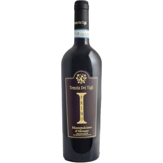 A bottle of Tenuta dei Tigli 2023 Primo Montepulciano d’Abruzzo DOC red wine with a dark label, gold and cream text, and decorative accents.