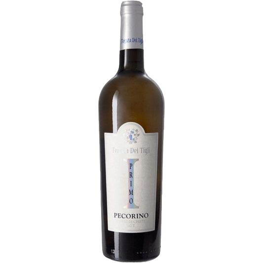 A bottle of Tenuta dei Tigli 2024 Primo Pecorino white wine, featuring a light-colored label with “Primo” and “Pecorino,” a small crest, and blue branding on the neck. Abruzzesi IGP.