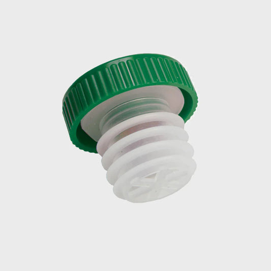 A close-up of the seventy9north.co.uk Slow Flow Wine Pourer, featuring a green ridged top and white threaded base, set against a plain light background.